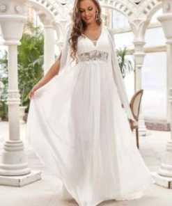 Ever-Pretty US Custom Size Cape Sleeves Lace Floral V-Neck Maxi Wedding Dress White Dresses