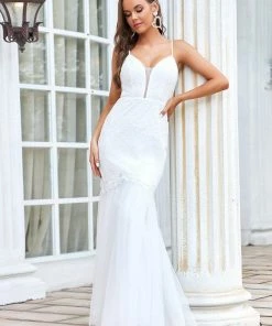 Ever-Pretty US Summer Dresses 2022 V-Neck Bodycon Lace & Tulle Bodycon Mermaid Wedding Dress