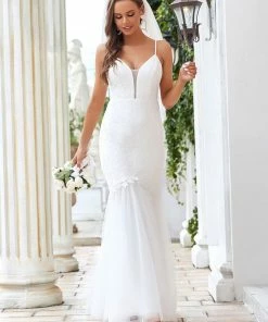 Ever-Pretty US Summer Dresses 2022 V-Neck Bodycon Lace & Tulle Bodycon Mermaid Wedding Dress