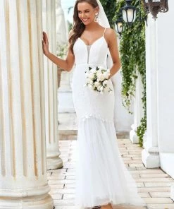Ever-Pretty US Summer Dresses 2022 V-Neck Bodycon Lace & Tulle Bodycon Mermaid Wedding Dress