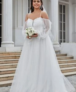 Ever-Pretty US Plus Size Boho Chic Cold Shoulder Lantern Sleeve Wedding Dress
