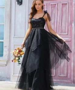 Ever-Pretty US Spaghetti Strap Sequin Layered Gothic Wedding Dress