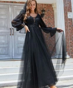 Ever-Pretty US Boho Chic Lantern Sleeve Sheer Black Tulle Wedding Dress SHOP BY STYLE