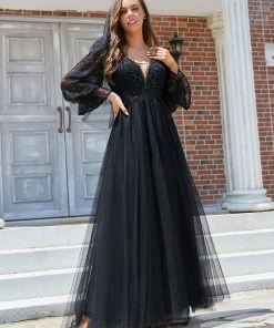 Ever-Pretty US Boho Chic Lantern Sleeve Sheer Black Tulle Wedding Dress SHOP BY STYLE