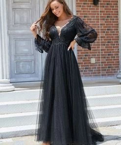 Ever-Pretty US Boho Chic Lantern Sleeve Sheer Black Tulle Wedding Dress SHOP BY STYLE