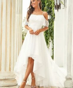 Ever-Pretty US Summer Dresses 2022 Cold Shoulder Lace High-Low Wedding Dress