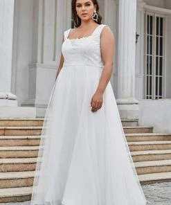 Ever-Pretty US Summer Dresses 2022 Plus Size Sleeveless Floral Applique A-Line Wedding Dress