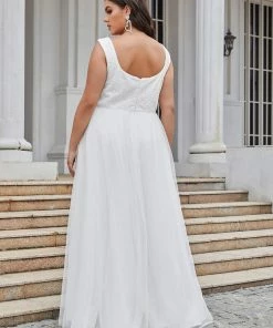 Ever-Pretty US Summer Dresses 2022 Plus Size Sleeveless Floral Applique A-Line Wedding Dress