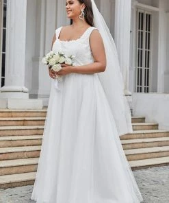 Ever-Pretty US Summer Dresses 2022 Plus Size Sleeveless Floral Applique A-Line Wedding Dress