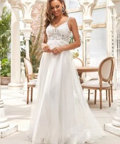 Ever-Pretty US Tulle A-Line Spaghetti Strap Sheer Simple Wedding Dress