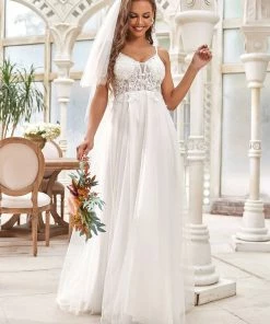 Ever-Pretty US Tulle A-Line Spaghetti Strap Sheer Simple Wedding Dress