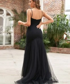 Ever-Pretty US Summer Dresses 2022 Spaghetti Strap Sequin Tulle Mermaid Black Wedding Dress