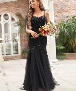 Ever-Pretty US Summer Dresses 2022 Spaghetti Strap Sequin Tulle Mermaid Black Wedding Dress