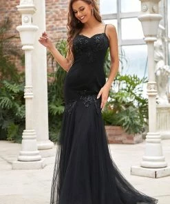 Ever-Pretty US Custom Size Embroidered Sequin Spaghetti Strap Tulle Mermaid Black Wedding Dress Summer Dresses 2022