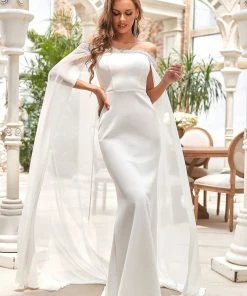 Ever-Pretty US Strapless Lace Caped Bodycon Wedding Dress