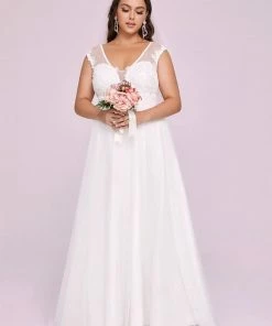 Ever-Pretty US Summer Dresses 2022 Plus Size Long Formal V-Neck Tulle White Wedding Dress