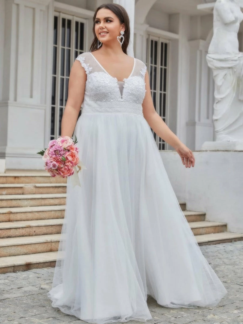 Ever-Pretty US Plus Size Sleeveless V-Neck Tulle Simple Wedding Dress 1 Ever-Pretty US Plus Size Sleeveless V-Neck Tulle Simple Wedding Dress