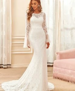 Ever-Pretty US Summer Dresses 2022 Sweetheart Long Bell Sleeve Mermaid Wedding Dress