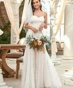 Ever-Pretty US Summer Dresses 2022 Custom Size Floral Spaghetti Strap Lace Backless Long Mermaid Wedding Dress