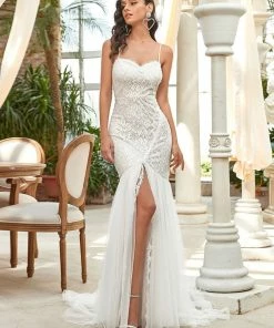 Ever-Pretty US Spagetti Strap Lace Backless Long Fishtail Wedding Dress Summer Dresses 2022
