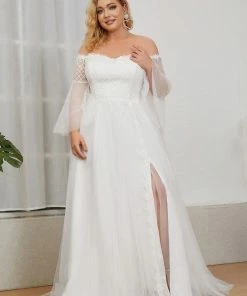 Ever-Pretty US Plus Size Lace Bell Sleeve Long Simple Wedding Dress Summer Dresses 2022