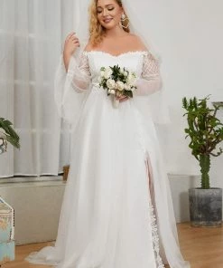 Ever-Pretty US Plus Size Lace Bell Sleeve Long Simple Wedding Dress Summer Dresses 2022