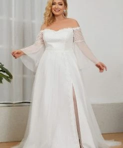Ever-Pretty US Plus Size Lace Bell Sleeve Long Simple Wedding Dress Summer Dresses 2022