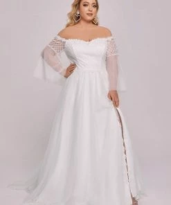 Ever-Pretty US Plus Size Lace Bell Sleeve Long Simple Wedding Dress Summer Dresses 2022