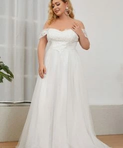 Ever-Pretty US Summer Dresses 2022 Plus Size Off-Shoulder Vintage Lace A-Line Wedding Dress