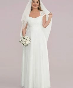 Ever-Pretty US Custom Size Plus Size Capped Sleeve A-Line Lace Wedding Dress