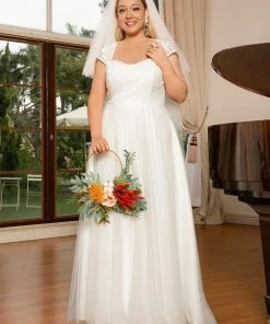 Ever-Pretty US Plus Size Capped Sleeve A-Line Lace Wedding Dress