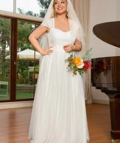 Ever-Pretty US Plus Size Capped Sleeve A-Line Lace Wedding Dress