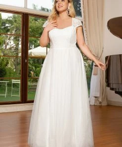 Ever-Pretty US Plus Size Capped Sleeve A-Line Lace Wedding Dress