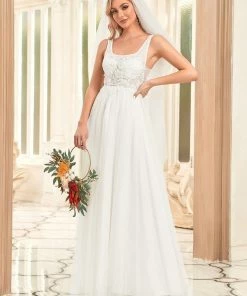 Ever-Pretty US A-Line Tulle Sheer Floral Applique Wedding Dress Summer Dresses 2022