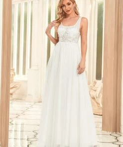 Ever-Pretty US A-Line Tulle Sheer Floral Applique Wedding Dress Summer Dresses 2022