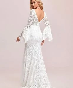 Ever-Pretty US All-Over Lace Bell Sleeve Fishtail Wedding Dress