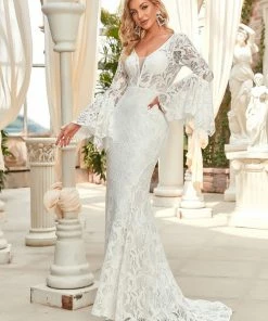 Ever-Pretty US All-Over Lace Bell Sleeve Fishtail Wedding Dress