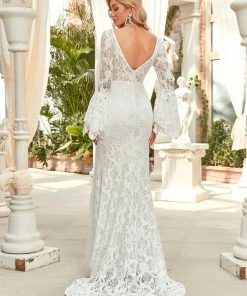 Ever-Pretty US All-Over Lace Bell Sleeve Fishtail Wedding Dress