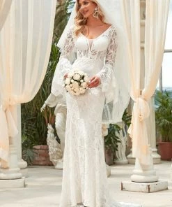 Ever-Pretty US All-Over Lace Bell Sleeve Fishtail Wedding Dress