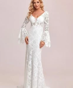 Ever-Pretty US All-Over Lace Bell Sleeve Fishtail Wedding Dress