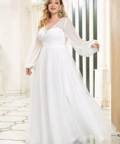 Ever-Pretty US Sheer Floral Puffed Sleeve Sweetheart A-Line Wedding Dress
