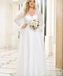 Ever-Pretty US Plus Size Sheer Floral Puffed Sleeve Sweetheart A-Line Wedding Dress Summer Dresses 2022