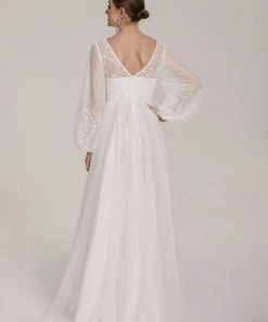Ever-Pretty US Sheer Floral Puffed Sleeve Sweetheart A-Line Wedding Dress