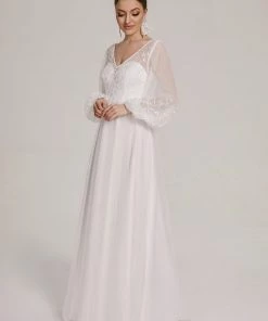 Ever-Pretty US Sheer Floral Puffed Sleeve Sweetheart A-Line Wedding Dress