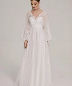Ever-Pretty US Sheer Floral Puffed Sleeve Sweetheart A-Line Wedding Dress