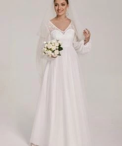 Ever-Pretty US Sheer Floral Puffed Sleeve Sweetheart A-Line Wedding Dress