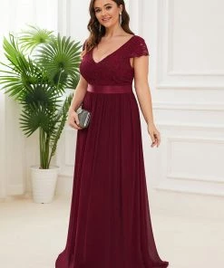 Ever-Pretty US Summer Dresses 2022 Elegant Lace V-Neck Short Sleeves Chiffon Mother Of The Bride Dress