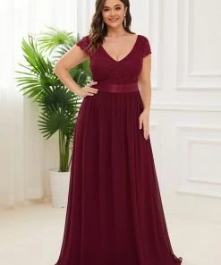 Ever-Pretty US Summer Dresses 2022 Elegant Lace V-Neck Short Sleeves Chiffon Mother Of The Bride Dress