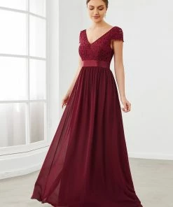 Ever-Pretty US Summer Dresses 2022 Elegant Lace V-Neck Short Sleeves Chiffon Mother Of The Bride Dress