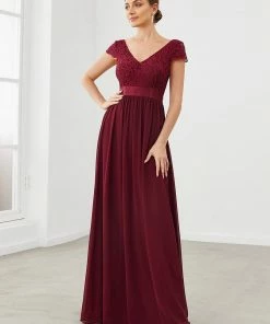 Ever-Pretty US Summer Dresses 2022 Elegant Lace V-Neck Short Sleeves Chiffon Mother Of The Bride Dress